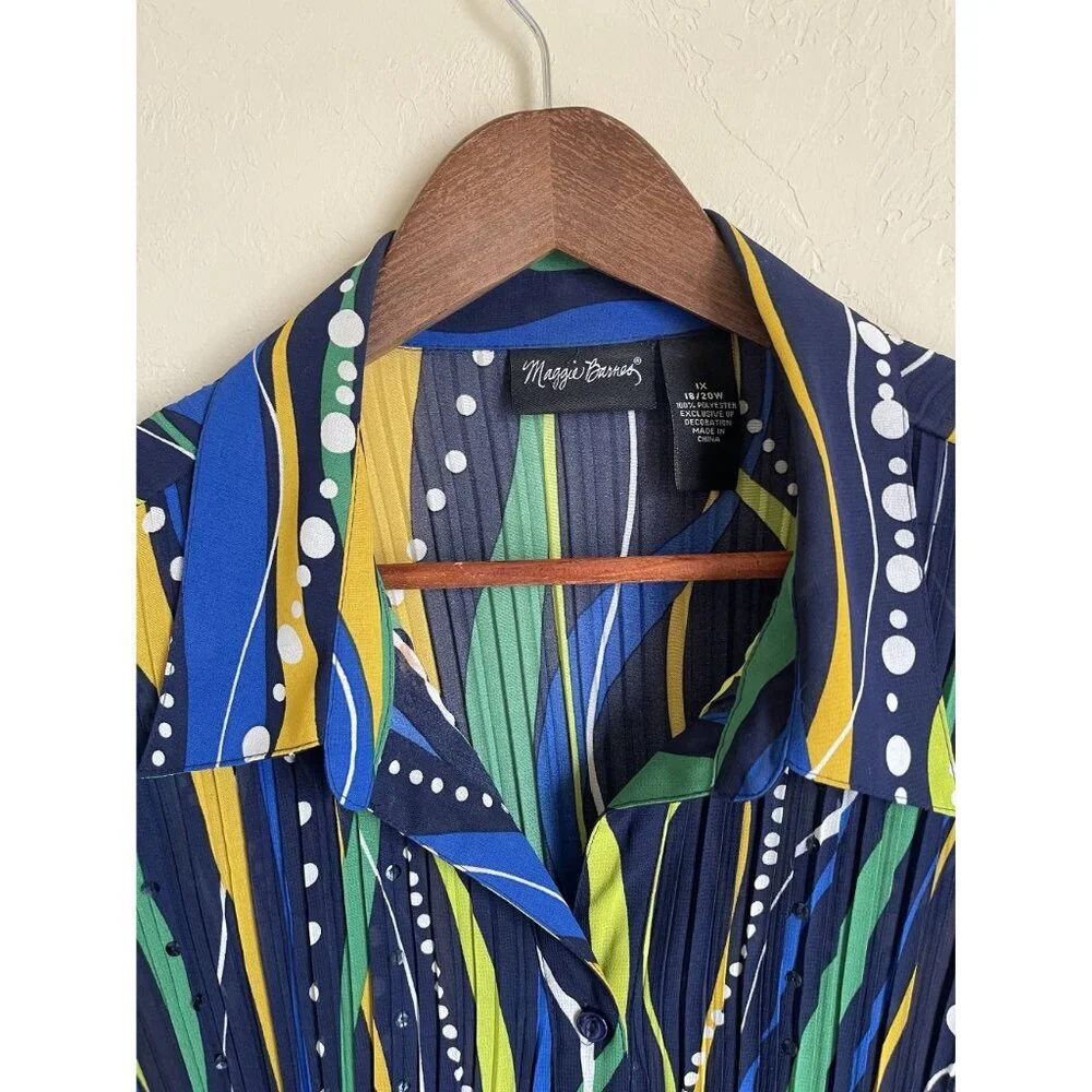 Maggie Barnes 1X Crinkle Collared Button Front Long Sleeve Shirt Cobalt Blue Yel